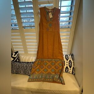 soft rust color line  Embroidered Maxi Dress with Teal lilac gold Accents